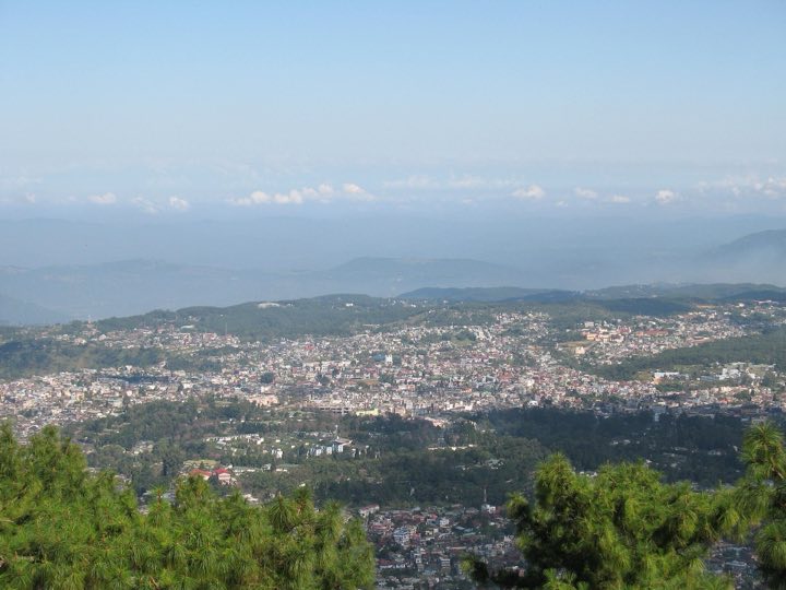 Shillong city spread across the hills, seen from a pine forest above