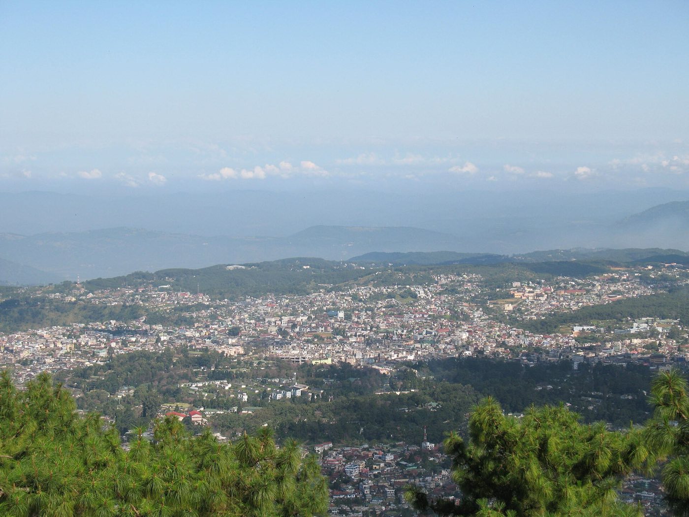 Shillong city spread across the hills, seen from a pine forest above